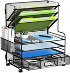 MINDEPOT 4-Tier Paper Organizer + 3-Pocket File Holder + Drawer + Pen Holders, Desktop File Organizers Paper Tray for Office Accessories School Classroom Organization (Black) by MINDEPOT