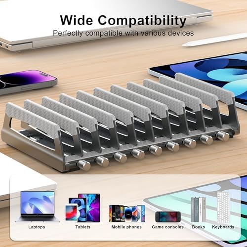 Elestoria 10-Slot Vertical Laptop Stand & Holder – Adjustable Aluminum Laptop Stand Vertical for Desk Fits 10 Devices, MacBook & Gaming Laptops (Up to 17.3”) – Space Saving Laptop Storage Rack - Grey - Image 4