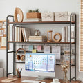 VECELO Retro Brown 2-Tier Desktop Bookshelf, Metal Desk Hutch with Grid Panel, 45.3 Inch Wide Countertop Storage Organizer for Bedroom & Dorm by VECELO