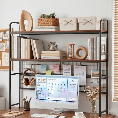 VECELO Retro Brown 2-Tier Desktop Bookshelf, Metal Desk Hutch with Grid Panel, 45.3 Inch Wide Countertop Storage Organizer for Bedroom & Dorm by VECELO