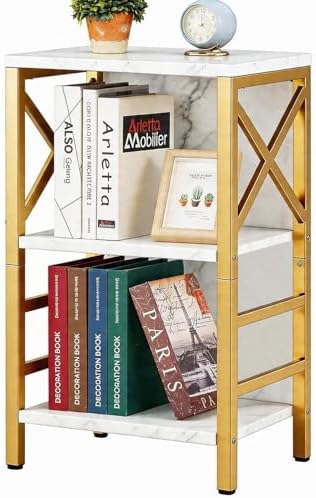MNEETRUNG Small Bookshelf,3 Tier Industrial Bookcase with Metal Frame and Backboard,Low White and Gold Book Shelf,Book case for Small Spaces,Living Room,Bedroom and Home Office by MNEETRUNG