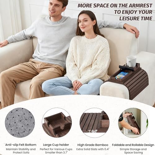 GEHE Detachable Couch Cup Holder, Anti Falling Sofa Arm Tray, Natural Bamboo Sofa Cup Holder More Safe for You Family, Portable Couch Arm Tray Armrest Table for Remote, Snacks, Phone, Drinks - Image 6