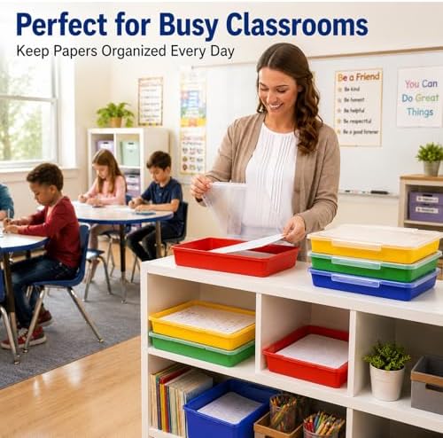 Svartur Flat Storage Bins with Lids, Letter Size Paper Storage Bins Set of 4, Stackable Classroom Turn In Bins with Secure Latching Lid, Plastic Storage Organizer for Teachers, Office & Home - Image 5