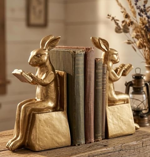 Bellaa Rabbit Bookends, Set of 2 Vintage Gold 7inch Resin 22883 - Image 2