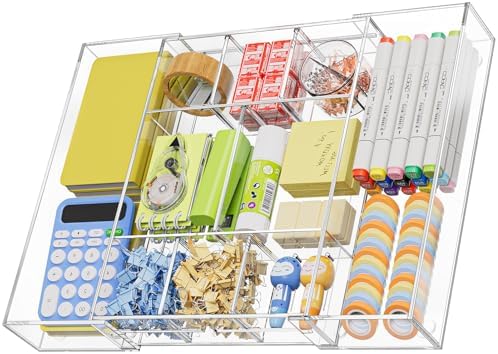 Marbrasse Acrylic Expandable Drawer Organizer, Clear Desk Drawer Organizer Tray with 5 Dividers, Desk Organizers and Accessories, 10 Adjustable Compartments for Office Supplies, Makeup & Vanity by Marbrasse