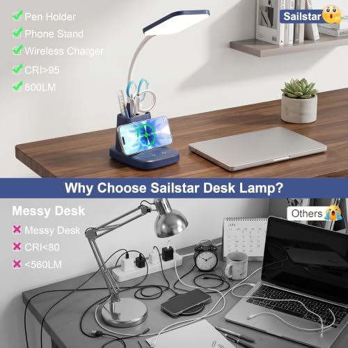 LED Desk Lamp with 10W Wireless Charging & Pen Holder, Navy Blue - Image 4