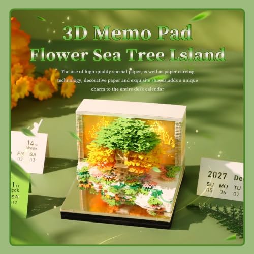 3D Calendar 2027,3D Time Piece Calendar 2027 With LED Lights,3D Art Calendar Memo Pad 2027,Blossom Grove Island Desktop Decoration,Tear-Away 3D Paper Art Notepad w LED Lights,Christmas Gift,New Year Gift (Blossom Grove Island(Emerald Green)) - Image 2