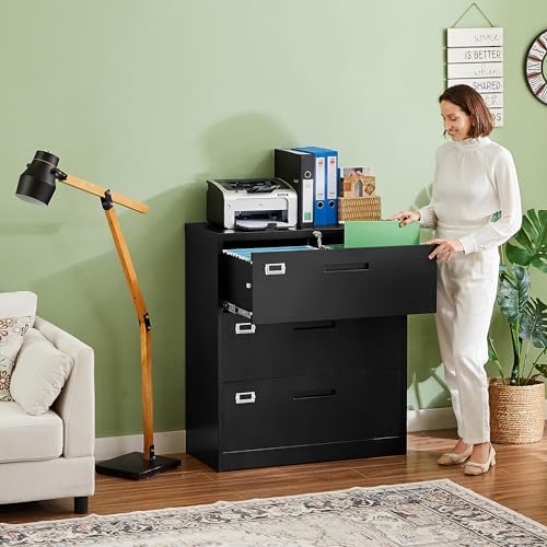 Letaya Lateral 3 Drawer File Cabinets with Lock, Metal Filing Storage Vertical Cabinets,Home Office Furniture for Organization Hanging Letter/Legal/F4/A4(Black) - Image 2