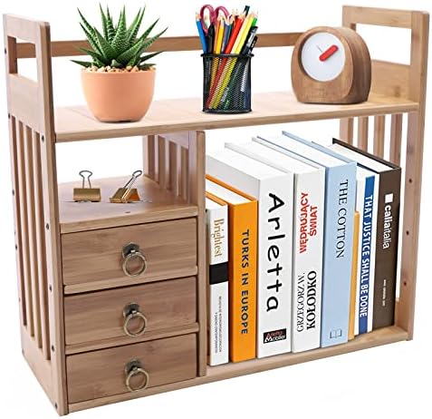 Bamboo Desk Book Shelf,Desktop Bookshelf Storage Rack Tabletop Standing Organizer Bookshelf with 3 Drawers,Freestanding Desk Bookcase for Home Dormitory Offices (Natural) by Oiveinya