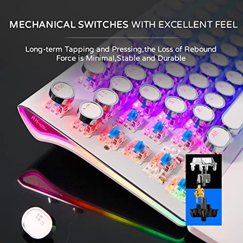 RK ROYAL KLUDGE S108 Typewriter Gaming Keyboard, Retro RGB Mechanical Keyboard, Full Size Wired Keyboards with Number Pad and Detachable Wrist Rest, Round Keycaps, Clicky Blue Switches White - Image 5