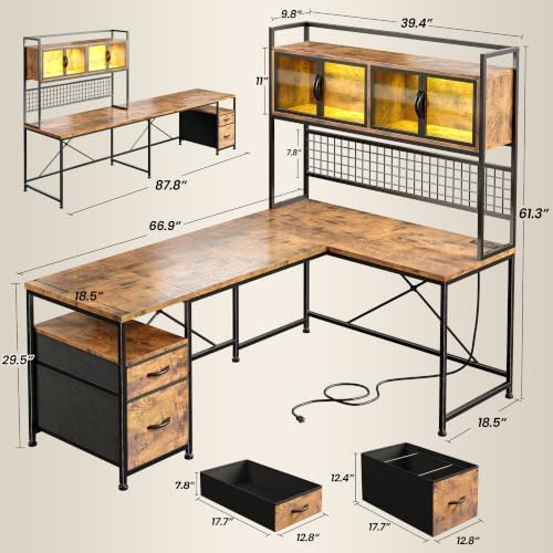 DurayLoly 67" L Shaped Gaming Corner Desk with LED Light, Hutch,Brown - Image 2