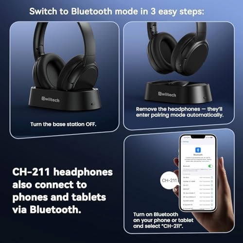Swiitech Wireless TV Headphones with Charging Dock, 45H Playtime, Black - Image 6