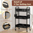 3 Tier Rolling Cart with Drawer, Metal Rolling Utility Cart on Wheels with Pegboard, Art Cart Storage Organizer with Tabletop for Living Room, Office, Bedroom (Black) - Image 5