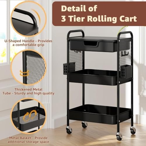3 Tier Rolling Cart with Drawer, Metal Rolling Utility Cart on Wheels with Pegboard, Art Cart Storage Organizer with Tabletop for Living Room, Office, Bedroom (Black) - Image 5