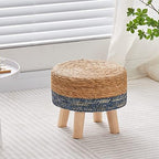 Cpintltr Foot Stool Natural Seagrass Hand Weave Poufs Round Ottoman for Couch Desk Soft Step Stool Padded Foot Rest with Non-Skid Pine Legs for Hallway Office Lounge Natural/Blue - Image 2