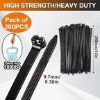 Blulu 13 Inch 200 Pcs Black Cable Ties with Metal Tooth Self Locking - Image 2