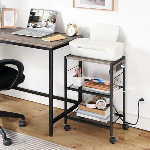 HOOBRO Industrial Printer Stand, 3-Tier Mobile Printer Table, Rolling Cart with Power Outlets and USB Ports, Home Printer Stand with 2 Hooks, for Office, Living Room, Greige and Black BG22UPS01 - Image 2