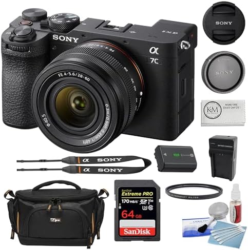 Sony a7C II Mirrorless Camera with 28-60mm Lens | Black Bundle with 64GB Memory Card + 40.5mm UV Filter + 5-Piece Camera Cleaning Kit + Battery Charger + Cloth + Camera Case (7 Items) by Unknown