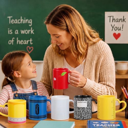 Pickmesh Back to School Teacher Gifts Mug Set of 6, 10 oz Ceramic Coffee Cups with Heart Handles, Pencil Crayon Ruler Notebook Apple Prints, Teacher Appreciation Gifts Bulk, Classroom Decor - Image 4
