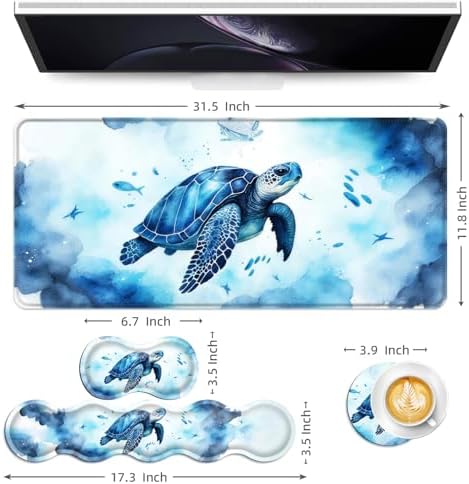 Keyboard Mouse Pad Set, Extended Gaming Mouse Pad+Ergonomics Keyboard Wrist Rest Support, Memory Foam, Easy Typing Pain Relief, 4Pcs XL Ultra Thick Desk Mat,Colorful Sea Turtle - Image 6