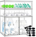 Baby Bottle Organizer, 4 Pack Stackable Storage Drawers with Labels, Clear Station Organizers Container for Pacifiers, Pump Parts, Desk Organizer Bins for Bathroom, Cabinet, Pantry, Vanity, Countertop by Qunland
