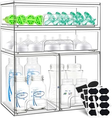 Baby Bottle Organizer, 4 Pack Stackable Storage Drawers with Labels, Clear Station Organizers Container for Pacifiers, Pump Parts, Desk Organizer Bins for Bathroom, Cabinet, Pantry, Vanity, Countertop by Qunland