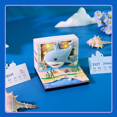 3D Calendar 2027,3D Desk Calendar 2027,Cute Ocean Shark Tear-Off Paper Sculpture Desk Calendars,3D Desk Calendar Memo Pad 2027,3D Memo Pad Creative Tear Away Weekly planner Carving Art Calendar Notepad,Gift,Paper sculpture calendar (Ocean Shark) - Image 3