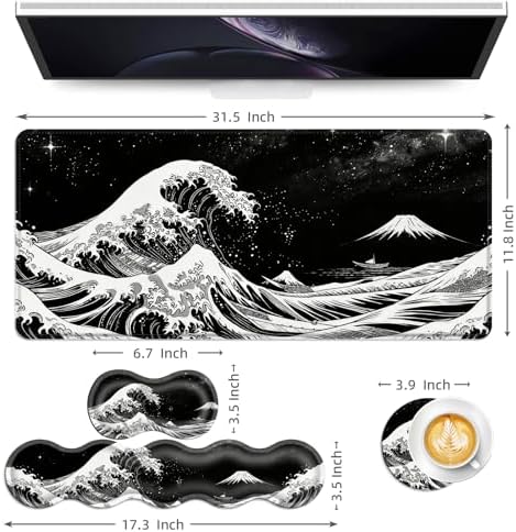 Keyboard Mouse Pad Set, Extended Gaming Mouse Pad+Ergonomics Keyboard Wrist Rest Support, Memory Foam, Easy Typing Pain Relief, 4Pcs XL Ultra Thick Desk Mat,Black and White Great Wave - Image 6