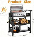 3-Tier Outdoor Grill Cart Table, Heavy-Duty Steel Mobile Pizza Oven Table with Pegboard Lockable Wheels and Ergonomic Handle Multifunctional Organizer Station for Backyard BBQ Camping Tailgate Cooking - Image 6
