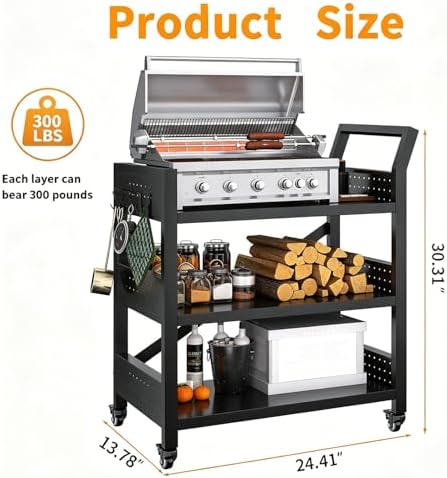 3-Tier Outdoor Grill Cart Table, Heavy-Duty Steel Mobile Pizza Oven Table with Pegboard Lockable Wheels and Ergonomic Handle Multifunctional Organizer Station for Backyard BBQ Camping Tailgate Cooking - Image 6