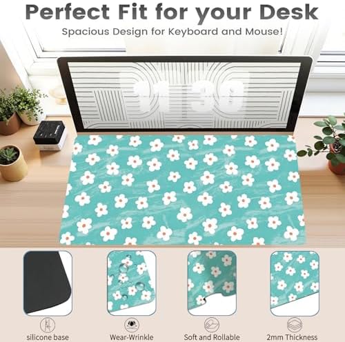 Turquoise Daisy Office Desk Mat 31.5" x 15.7" Desktop Mat PU Leather Large Mouse Pad White Mousepad Non-Slip Table Mat for Girls, Women, Home, Work, Computer, and Gaming - Image 3