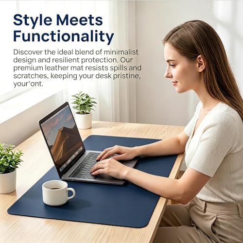 Large Mouse Pad, Non-Slip PU Leather Desk Blotter, Leather Desk Pad Protector, Waterproof Laptop Desk Writing Pad for Desktop, Office Desk Mat, Office Desk Matfor 15.5" x 40", Navy Blue - Image 7