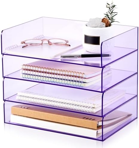 Harloon 4 Tier Paper Organizer Clear Purple Letter Tray Acrylic File Tray by Muasung