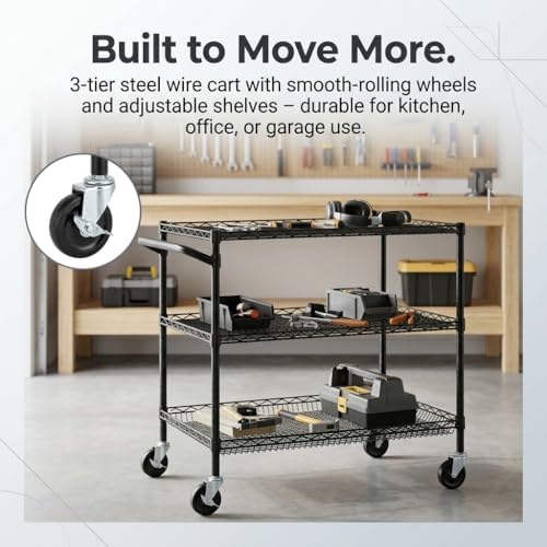 Finnhomy 3 Tier Heavy Duty Commercial Grade Utility Cart, Wire Rolling Cart with Handle Bar, Steel Service Cart with Wheels, Kitchen Carts on Wheels, Metal Cart Shelf Size 24" D x 36" W, NSF, Black - Image 5