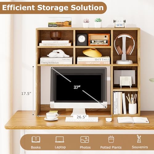 DREAMADE Desk Hutch, 37 Inch Wooden Desktop Bookshelf with 7 Cubes, Natural - Image 3