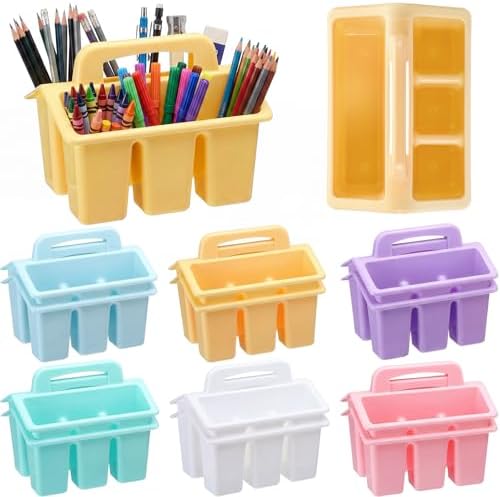 Qunclay 12 Pack Plastic Caddy with Handle Pastel Color 4 Compartment Classroom Caddies Organizer Protable Craft Storage Classroom Caddy Organization for Teachers Pencil Crayon Marker School Supplies by Qunclay