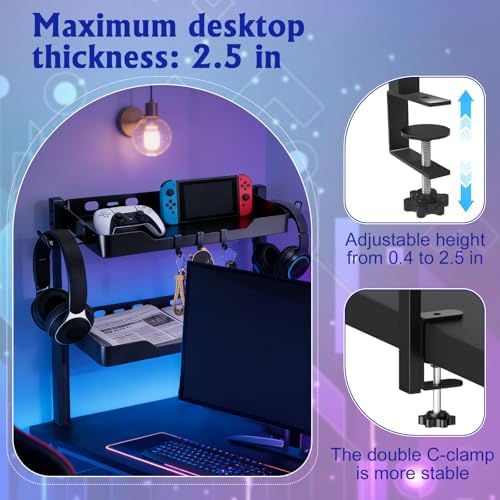 2-Tier Clamp on Desk Shelf, Dual-purpose Desk Organizer (Used on or Under Desk Storage), Desk Shelf Clamp with Hooks and High Load-bearing capacity, Suitable for Office Desk, Gaming Accessories - Image 4