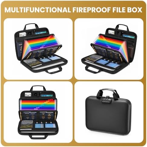 Fireproof Document Box with Lock, Hard case Fireproof File Organizer with 13 Pocket Accordion File Folders, Portable Safe Box - Image 7