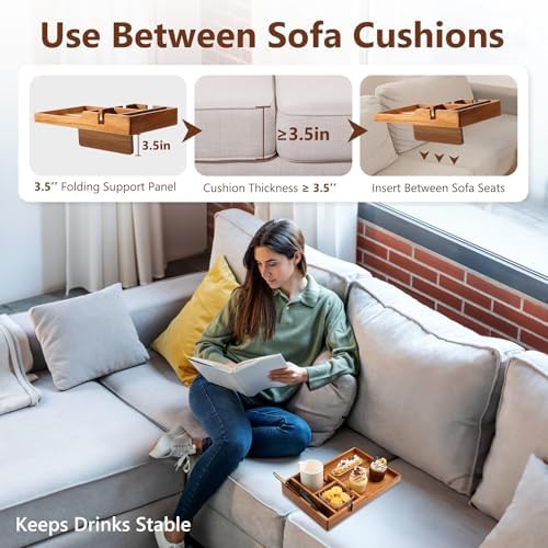 Couch Insert Tray for Middle Seat, Acacia Wood Couch Table with 2 Cup Holders, Fits Armless Sofa & Sectionals, Fold-Flat Tray for Drinks, Snacks & Remotes - Image 3