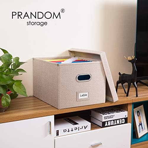 PRANDOM File Organizer Box - Set of 2 Collapsible Decorative Linen Filing Storage Hanging File Folders with Lids Office Cabinet Letter/Legal Size Light Grey (17x14x11.2 inch) - Image 2
