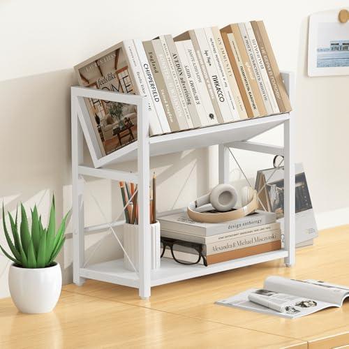 ELITEROO Desktop Bookshelf Organizer, 2 Tier Wood Desk Shelf for Tabletop Storage, Small Book Rack for Office, Home, or Study, Mini Bookcase for Book Display, Decor, and Supplies, White - Image 2