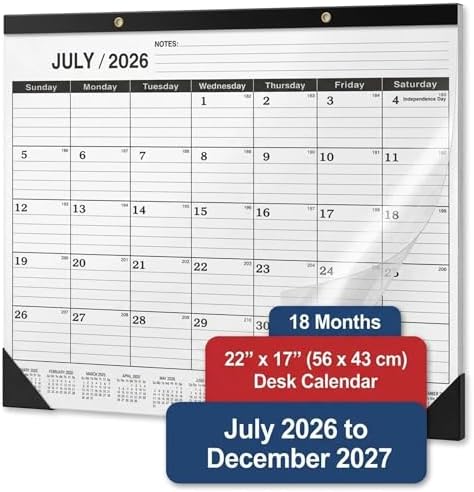 Desk Calendar 2026-2027 - Large 18-Month Monthly Desk Pad, July 2026 to December 2027, 22" x 17" Calendar with 120g Thick Paper, Golden Hanging Holes & Goals Section for Office and Professional Use by OLUPAND