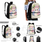 4 in 1 School Bags, Cartoon Schoolbags & Portable Lunch Box & Pencil Pouch & Cup Sleeve Lightweight Travel Backpack 4Pcs Unisex for Teens Cute White Cat - Image 3