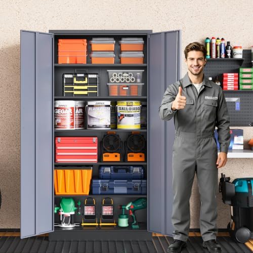 MIIIKO Metal Storage Cabinet with Locking Doors, 71" Tall Black Garage Storage Cabinets with 2 Doors and 5 Adjustable Shelves for Home Office,Garage, Industrial, Commercial, Workshop(Black Grey) - Image 2