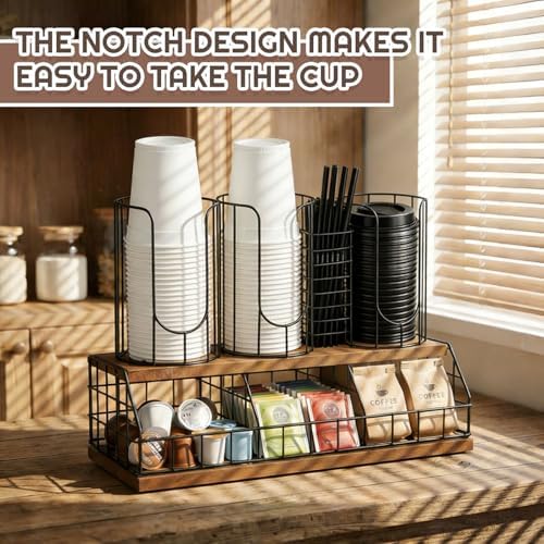 Geelin 18oz Adjustable Coffee Cup Dispenser with Wooden Base, Cup and Lid Holder, Cups Holder Organizer for Coffee Pod Straw and Lid Storage(4-compartment Double,Color 1) - Image 6