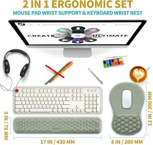 Hokafenle 2 in 1 Ergonomic Mouse Pad Wrist Support & Wrist Rest for Computer Keyboard Set, with Relieve Carpal Tunnel Pain Massage Bulge and Full Memory Gel Design (2In1 Set, Light Green) - Image 2