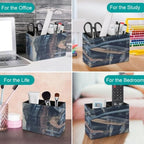 PU Leather Multi-Compartment Pen Holder Desktop Organizer Pencil Cup Storage Caddy for Office Home Supplies Hand Painted Abstraction with Brush Strokes - Image 4