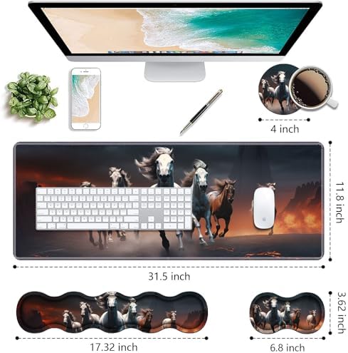 Ergonomic Keyboard Wrist Rest & Mouse Pad Wrist Rest Set, Large XXL Gaming Desk Mat 31.5"x 11.8" with Non-Slip Base, Memory Foam, Easy Typing Pain Relief for Home & Office, Running Horses - Image 2