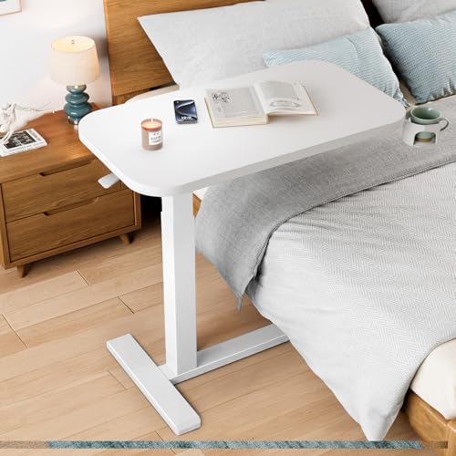 HUANUO 32Inch Bedside Table with Wheels, Height-Adjustable Rolling Computer Cart, Overbed Table with Cup Holder, Pneumatic Laptop Standing Desk for Home Office, White - Image 2