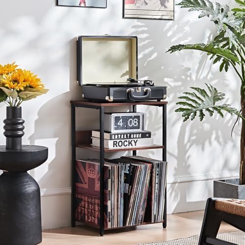 LELELINKY 3 Tier End Table,Record Player Stand with Storage Up to 100 Albums, Turntable Stand for Vinyl, Walnut Couch Nightstand Side Tables for Living Room Bedroom - Image 3